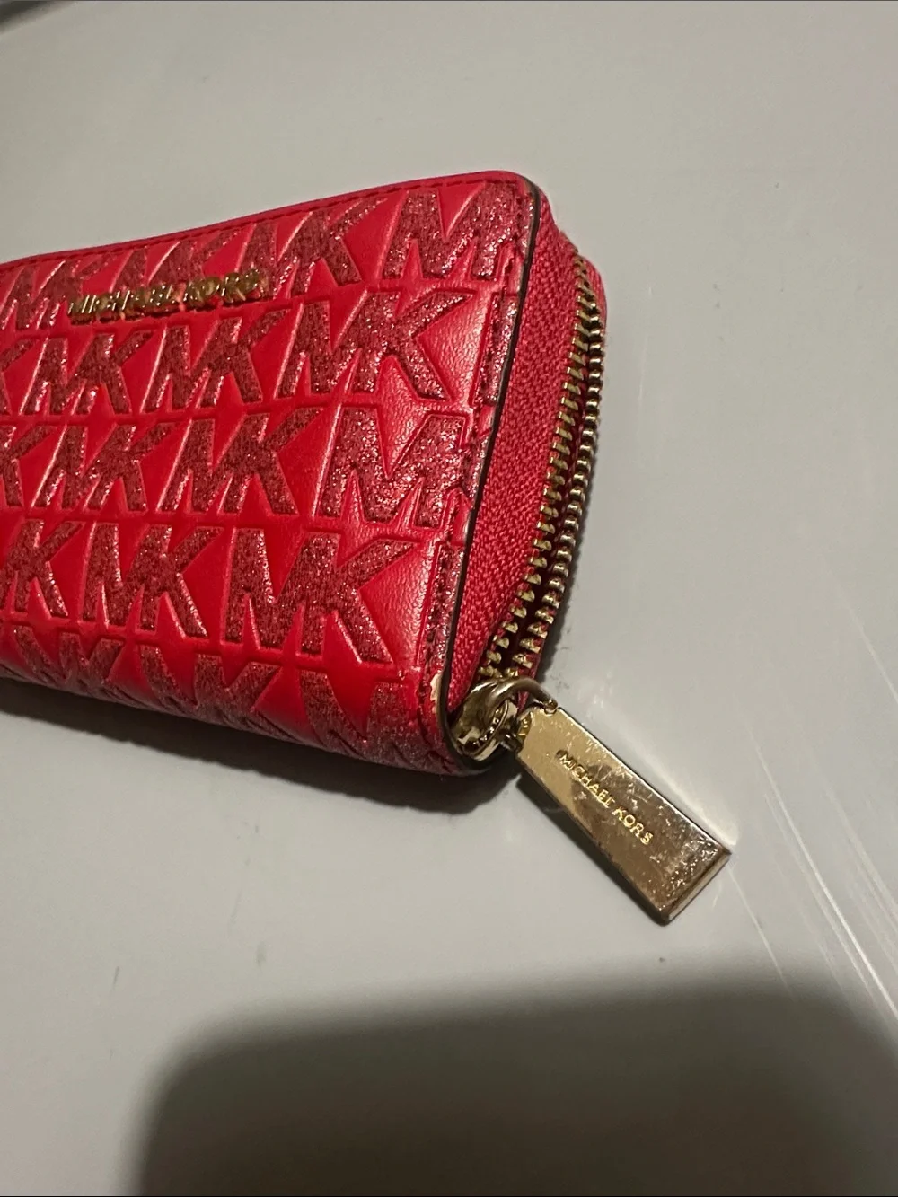 Michael Kors Red MK Monogram Embossed Zip Card Holder